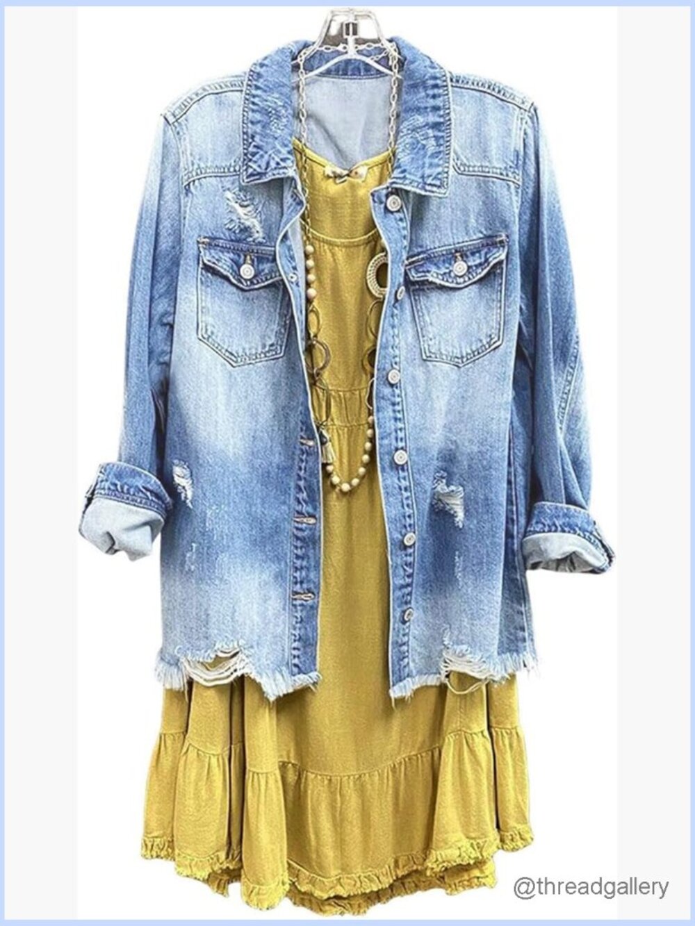 Women Long Sleeve Distressed Denim Jacket Button Shacket Frayed Hem Coat